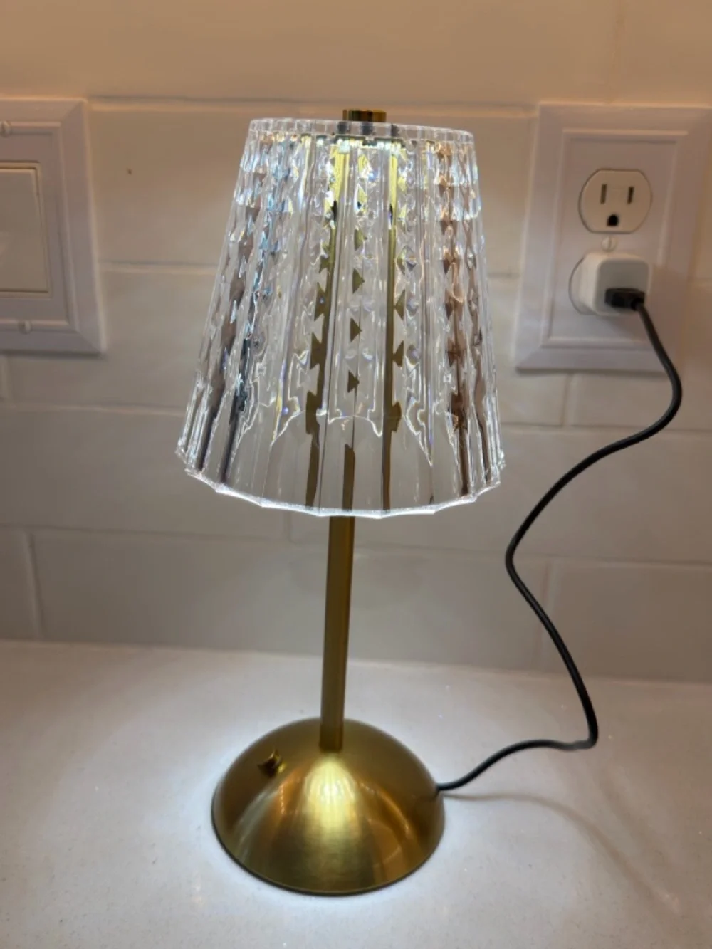 Brass Table Lamp with Clear Faceted Shade
